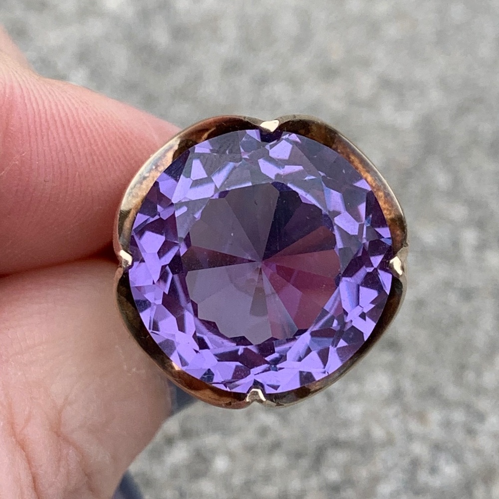 VINTAGE 14K GOLD LARGE PURPLE SAPPHIRE COLOR CHANGE ALEXANDRITE FLOWER RING